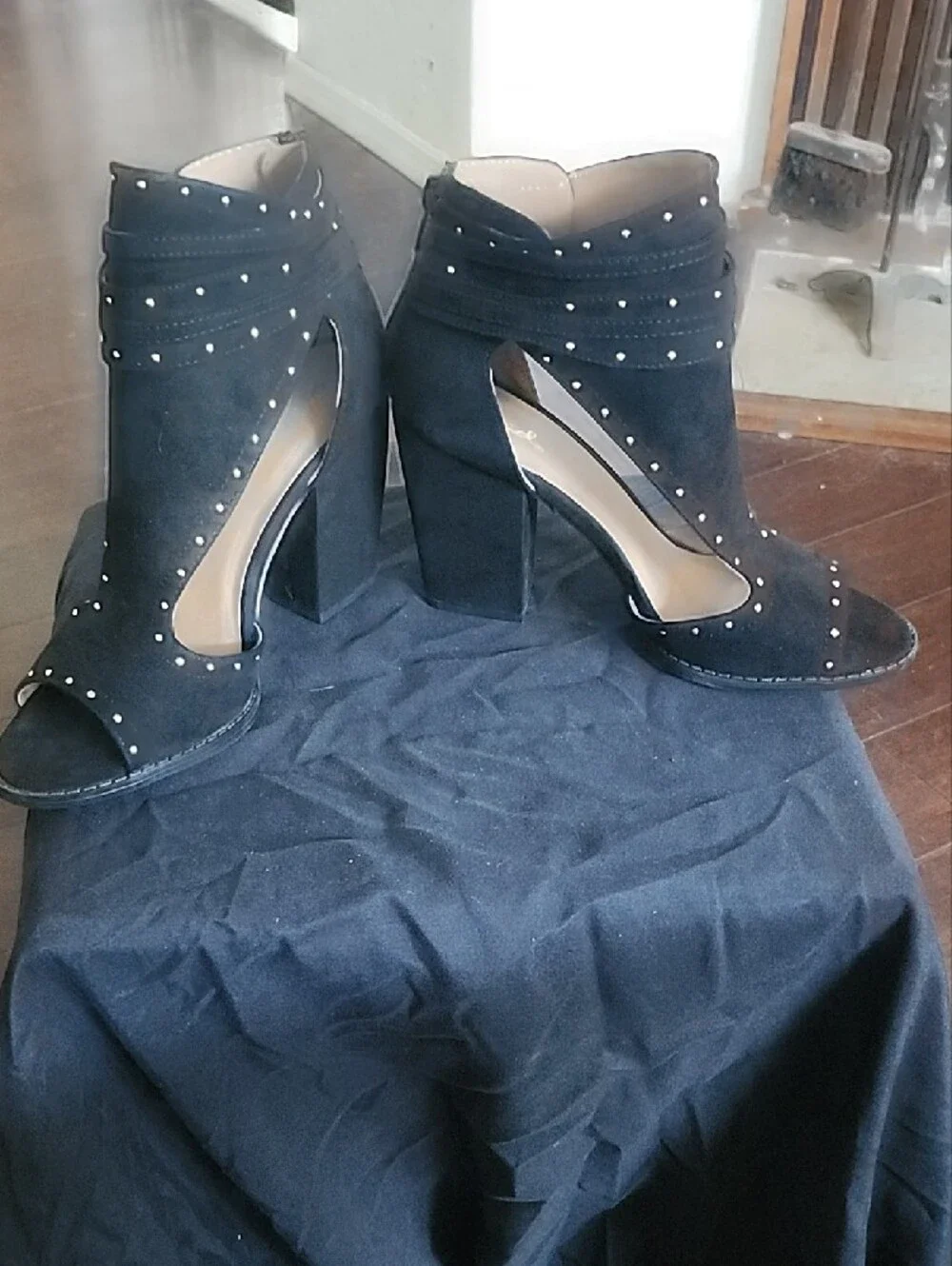 Cupid Black Studded Block Heel Sandals with Buckle Accent